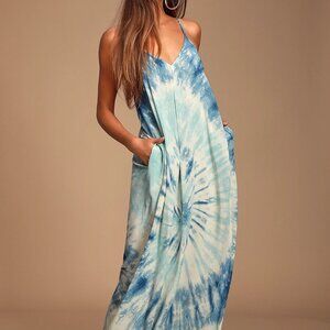 Lulu's Nadiya Blue Tie-Dye Maxi Dress S/M, Loose Hippie Beach Dress with Pockets